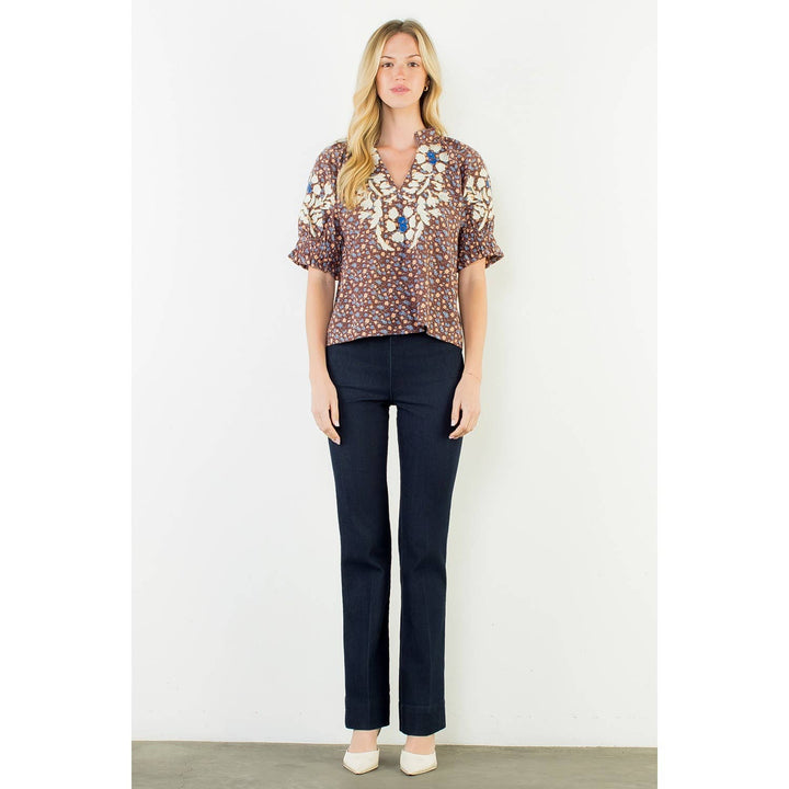 Floral Print Top With Embroidery