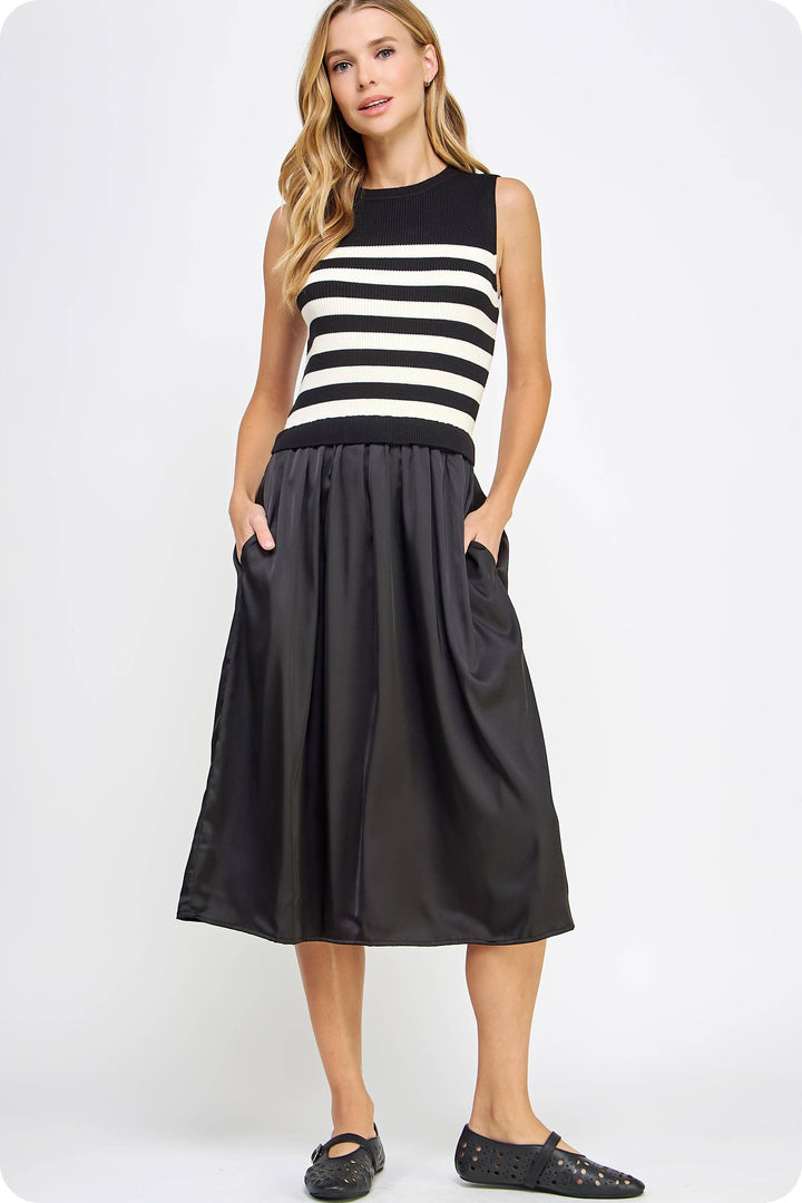 Sleeveless Striped Mixed Media Midi Dress