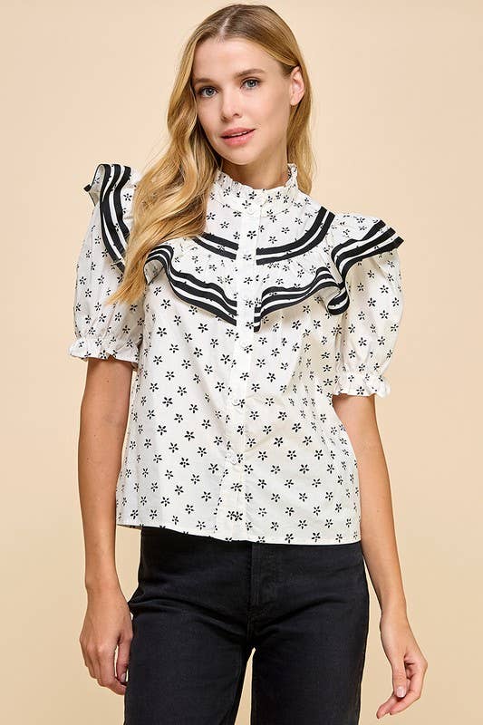 Floral Print Button Up Ruffle Detail Top