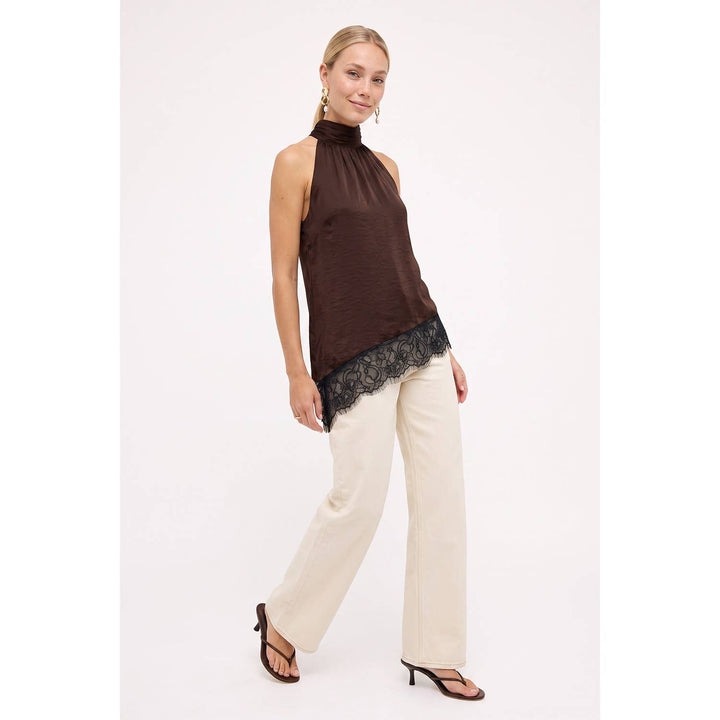 Asymmetrical Lace Trim Mock Neck Halter Top