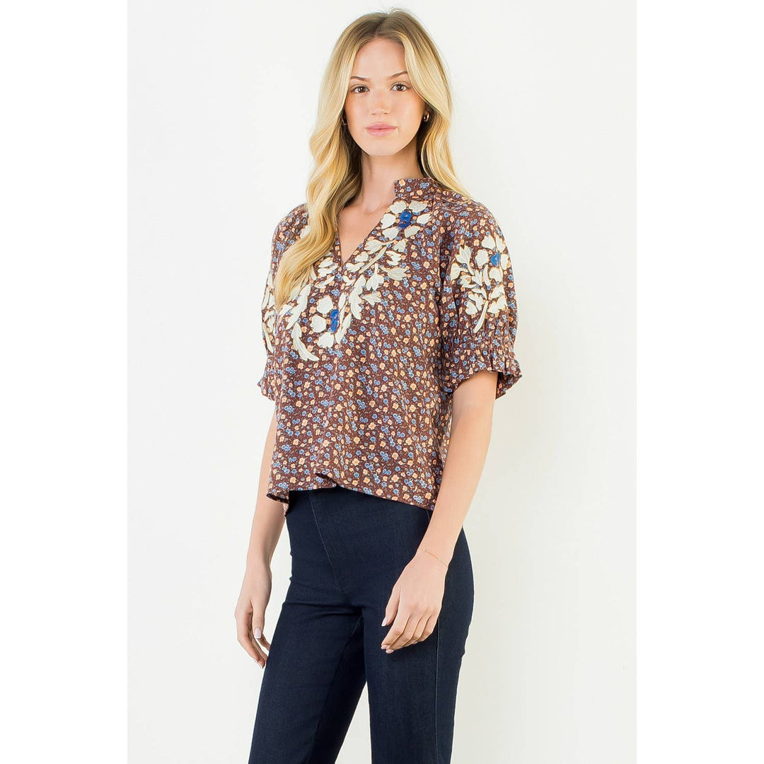 Floral Print Top With Embroidery