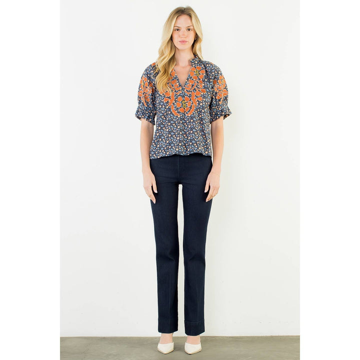 Floral Print Top With Embroidery