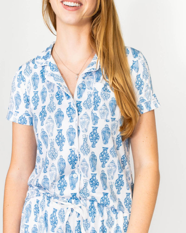 Claire ChinoiserieJar  Short Sleeve Button Up Sleep Shirt   White/Palace Blue