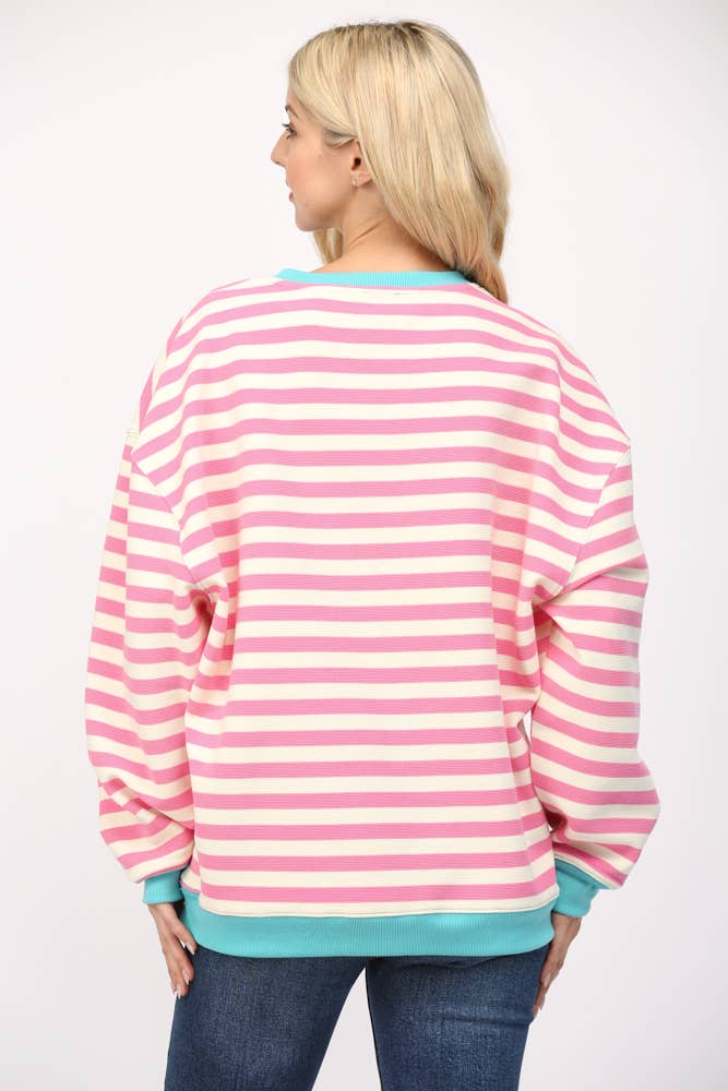 Pink and White Stripe Top With Aqua Trim