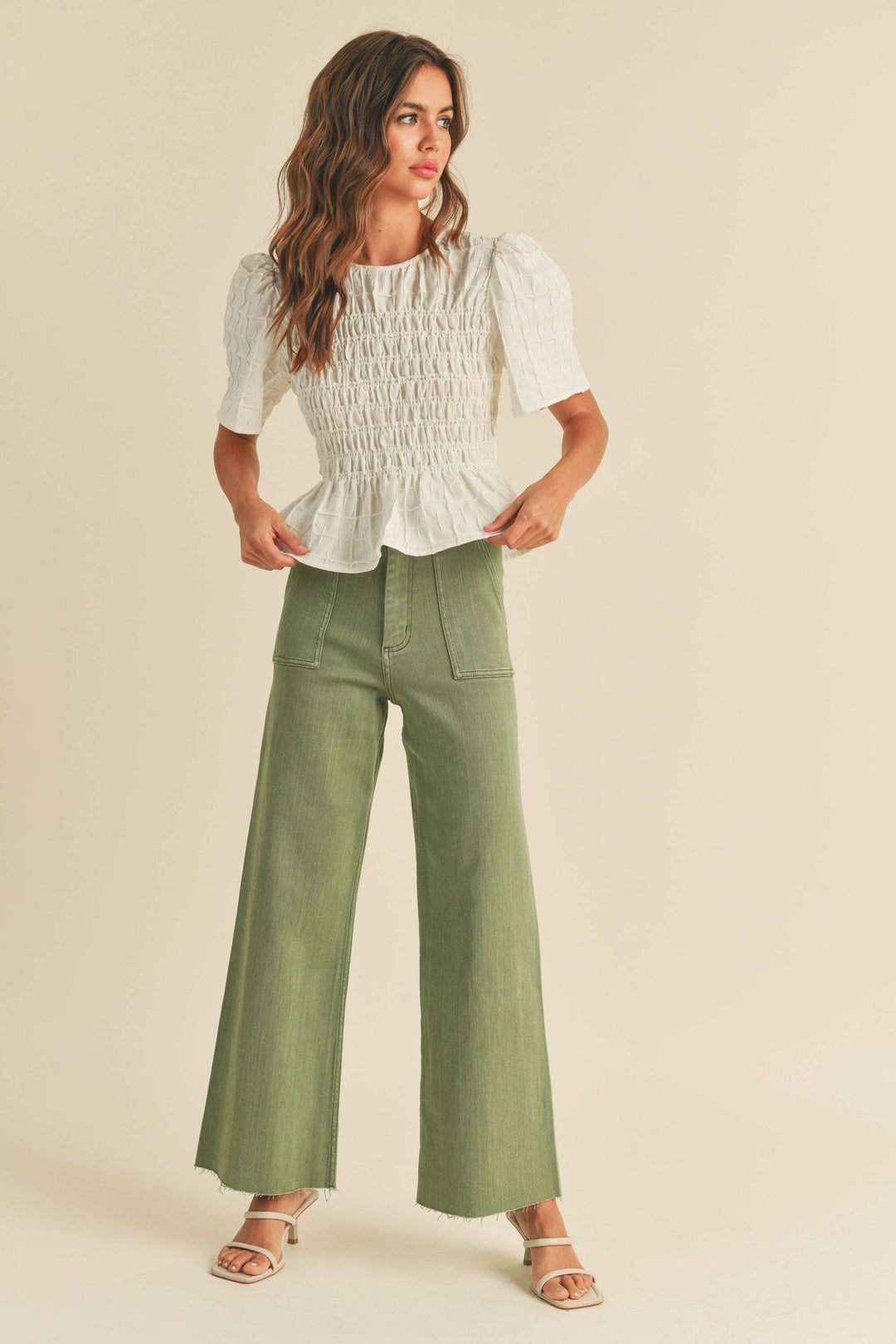 Dye And Wash Cotton Stretch Wide Leg Pants