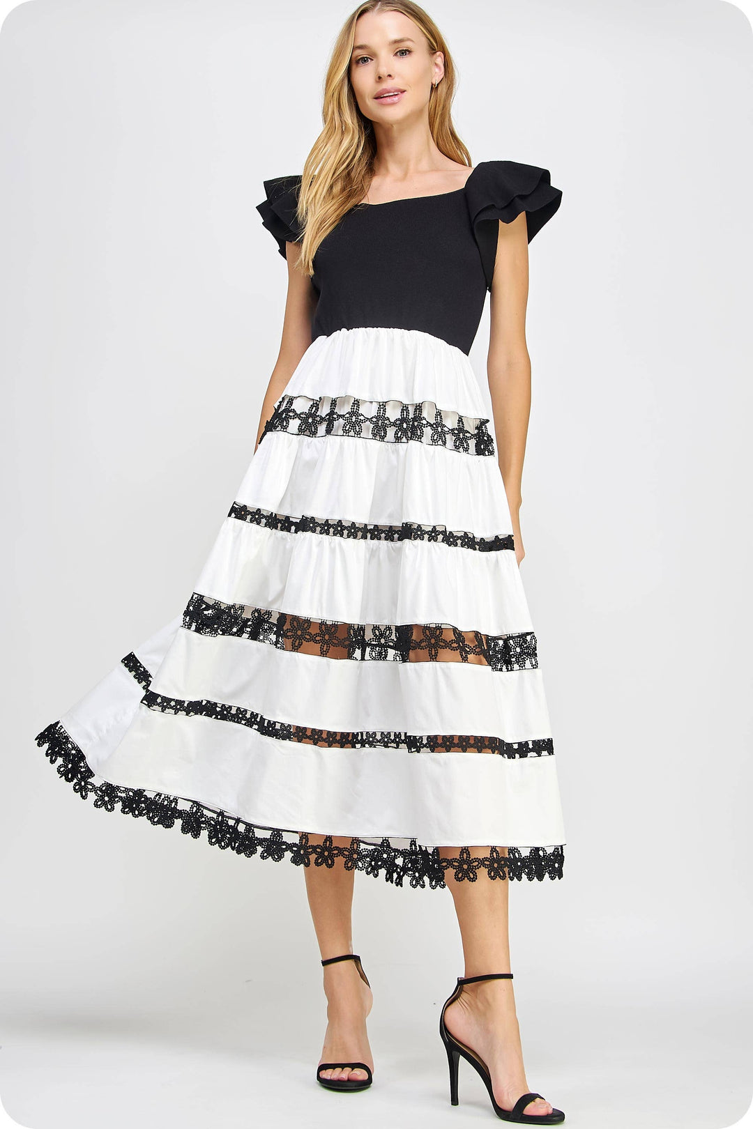 Mixed Media Lace Trim Detail Midi Dress