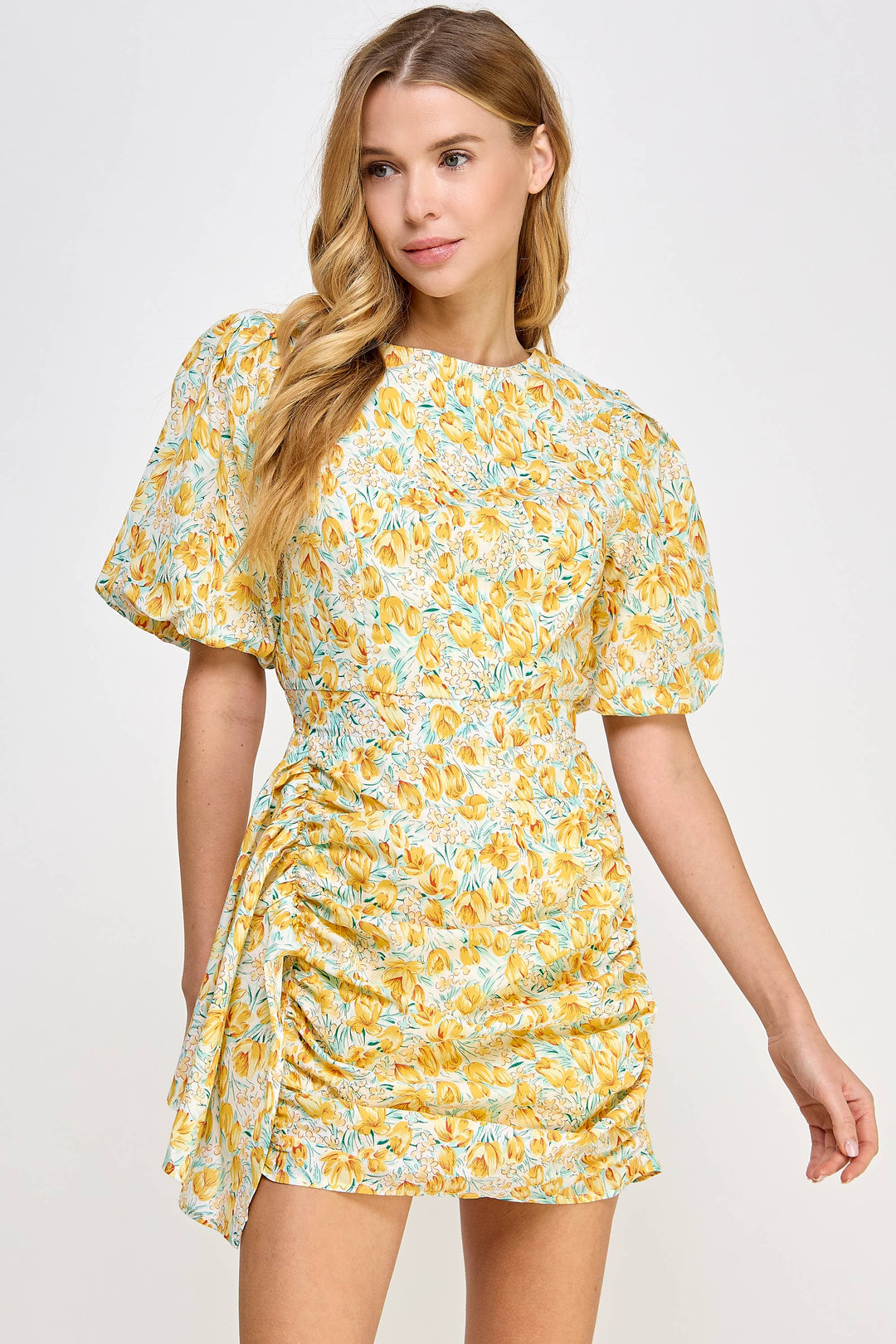 Ruched Short Puff Sleeve Floral Voile Mini Dress