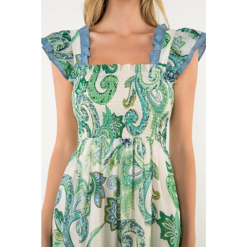 Smocked Flutter Sleeve Paisley Print Maxi Dress