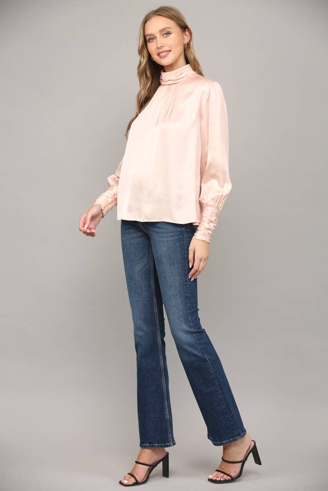 High Collar Ruched Sleeve Blouse