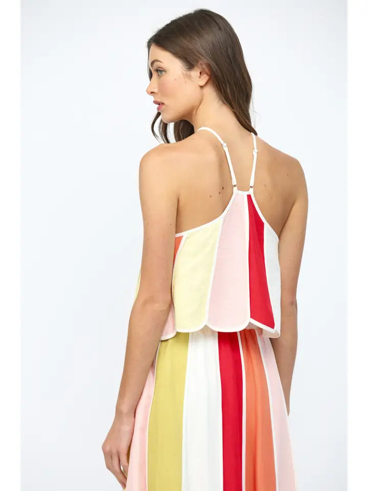 Linen Blend Color-Block Halter Crop Top