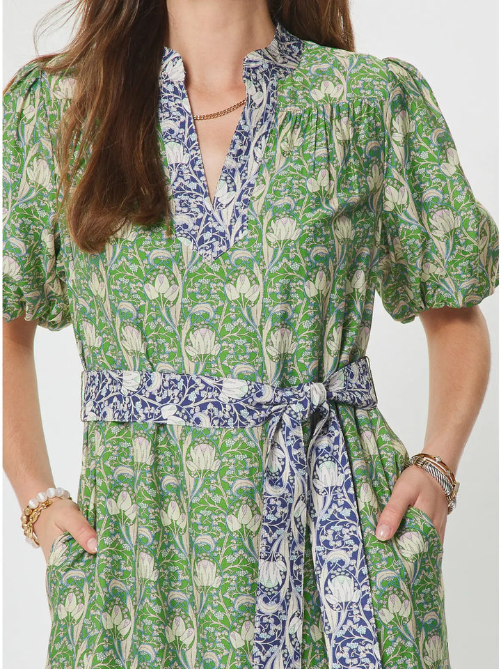 Floral Printed Puff Short Sleeve Midi Dress