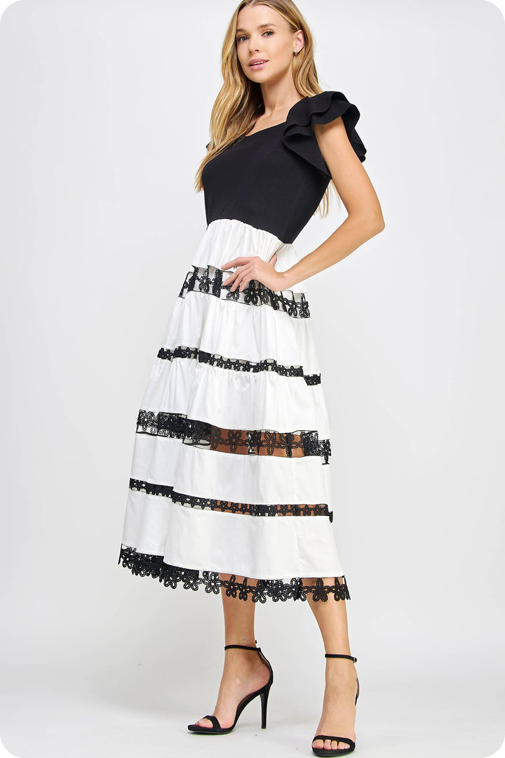 Mixed Media Lace Trim Detail Midi Dress