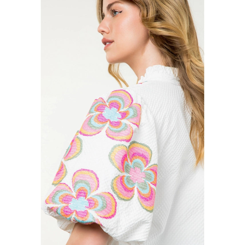 Embroidered Puff Sleeve Textured Top