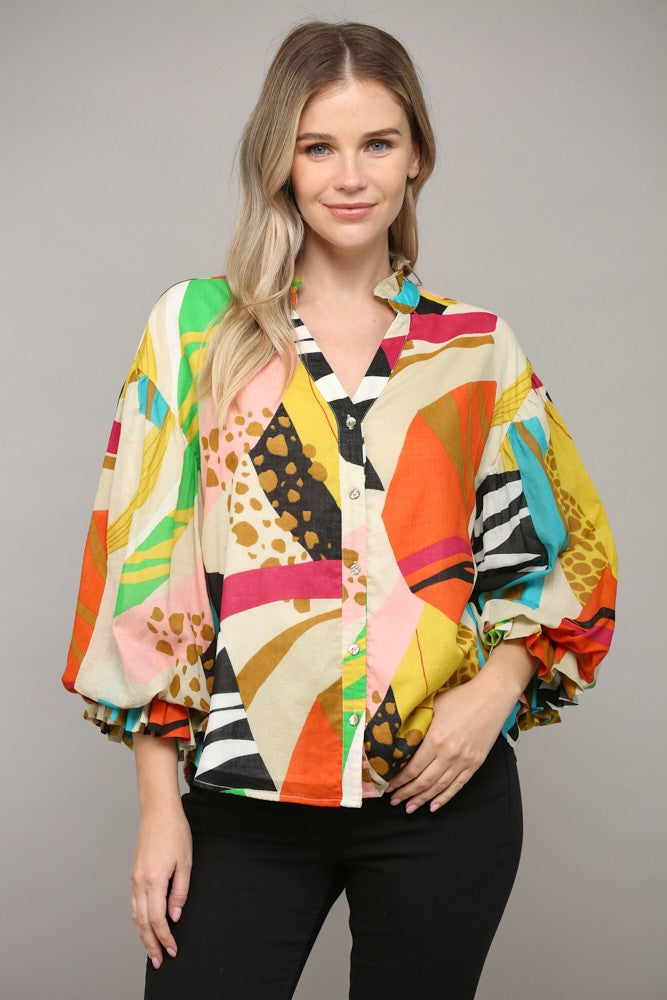 Abstract Print Bubble Frill Neck Blouse