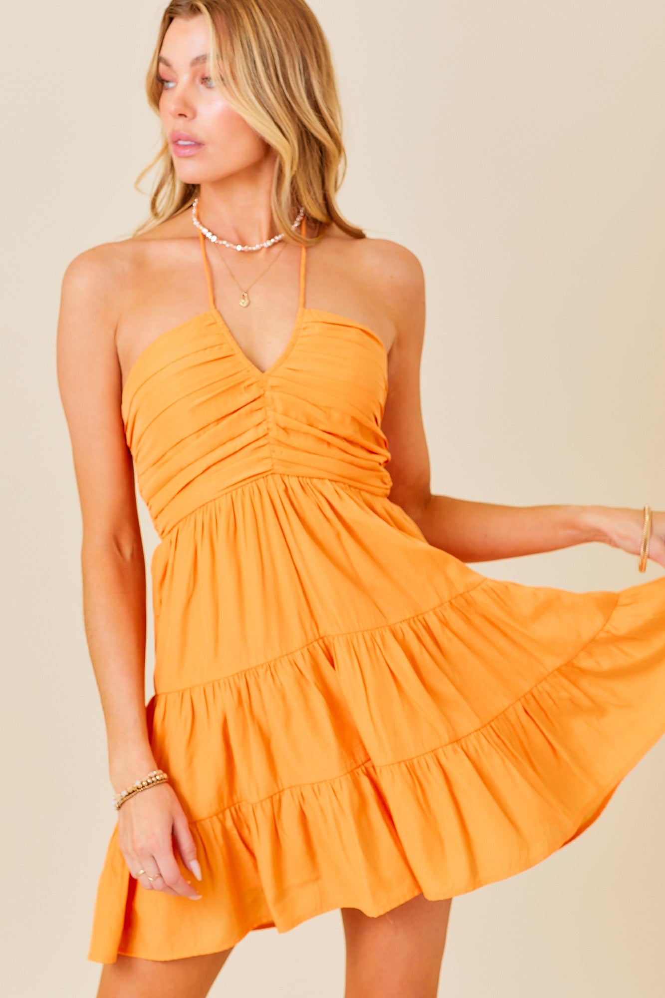 Apricot Ruched Detail Halter Dress