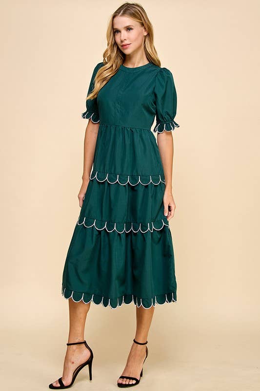 Scallop Detail Short Puff Sleeves Dress - Hunter Green