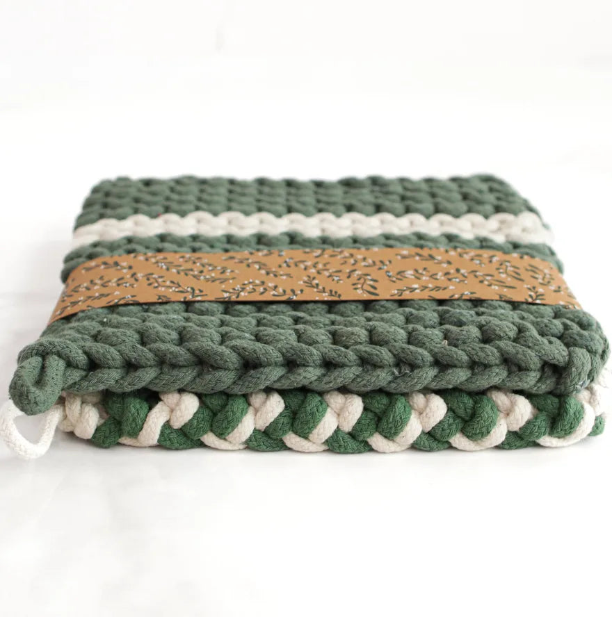 Double White  & Green Stripe Pot Holder Set