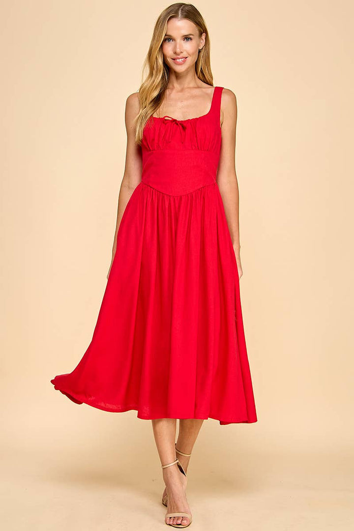 Front Bow Detail Flowy Hem Midi Dress