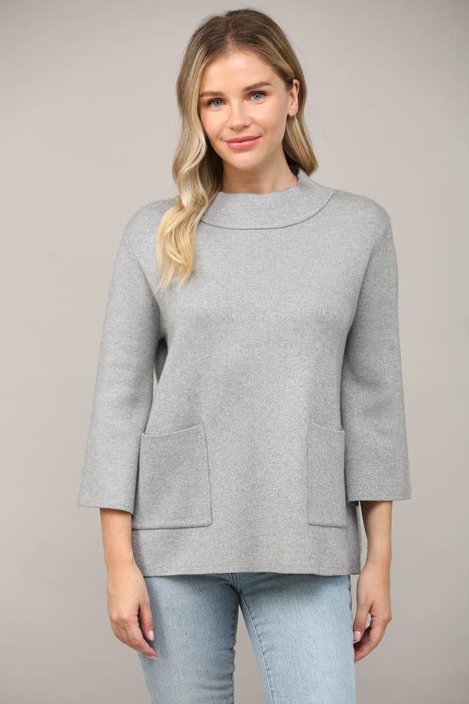 Glitter Yarn Front Pocket Detail Mock Neck Sweater