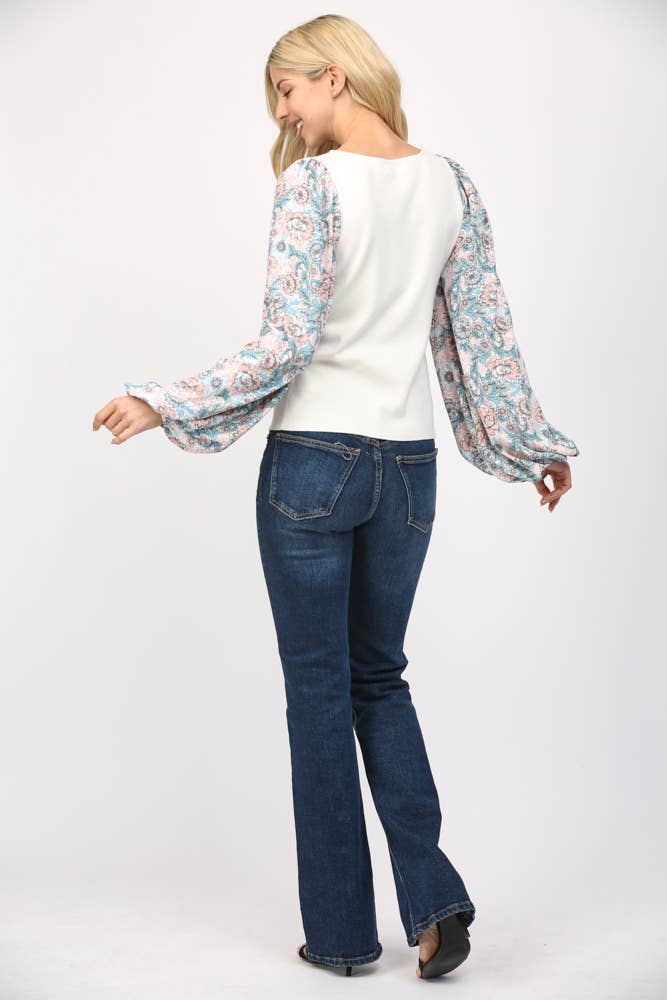 Contrast Print Balloon Sleeve Round Neck Sweater