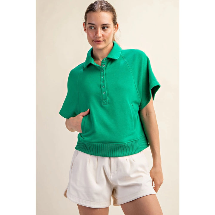 French Terry Short Sleeve Top with Collar