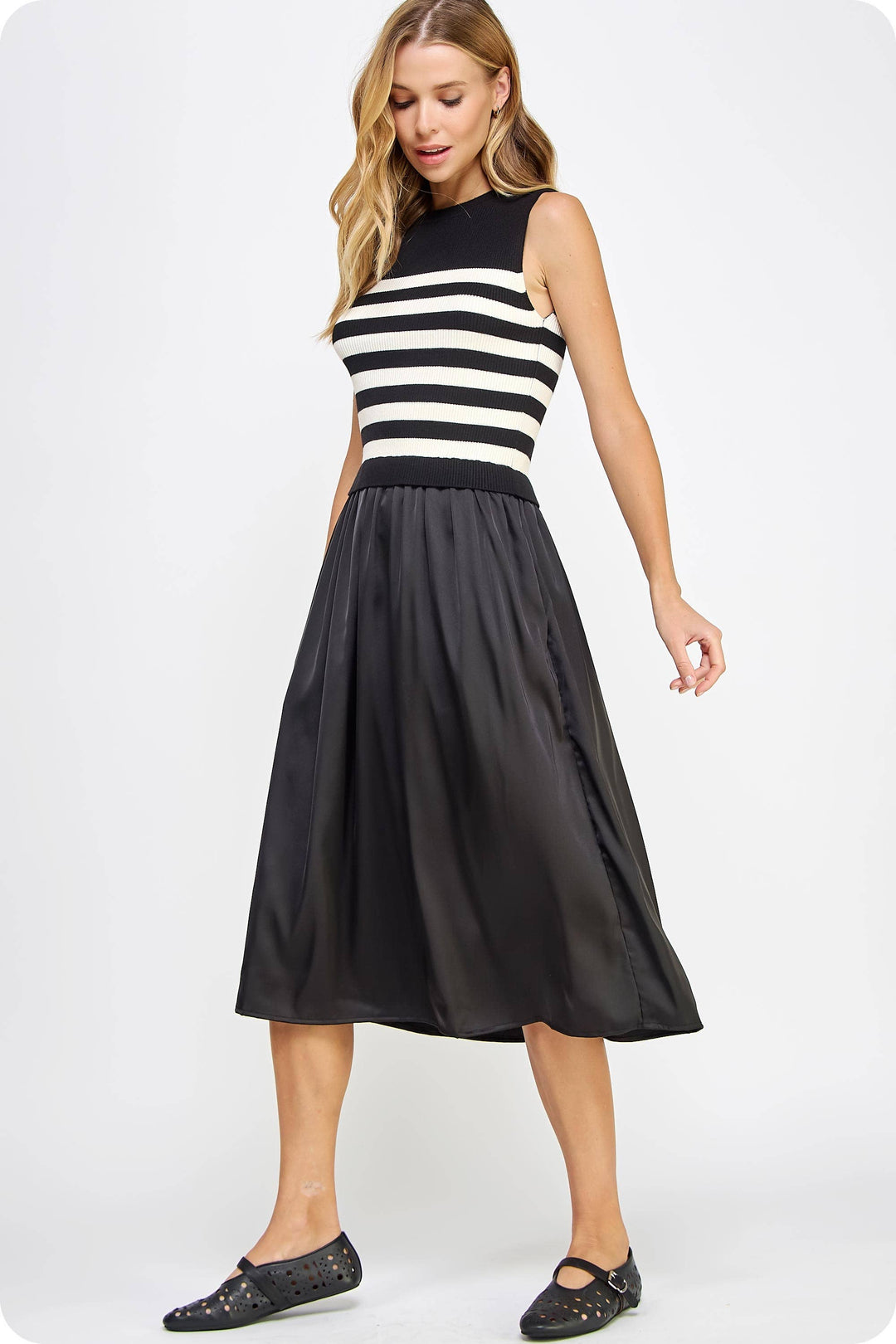 Sleeveless Striped Mixed Media Midi Dress