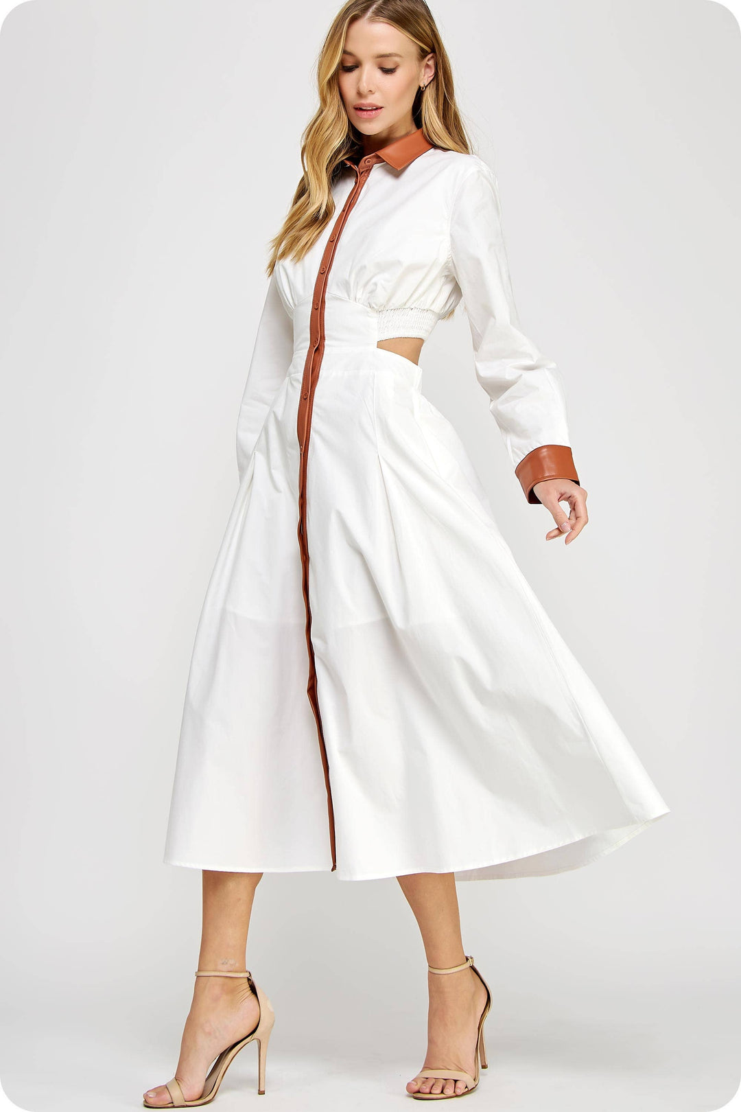 Faux Leather Contrast Poplin Long Shirt Dress