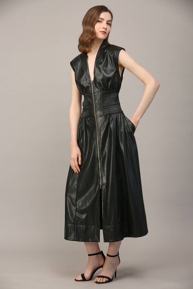 Smocked Waist Zip Front Faux Leather Dress