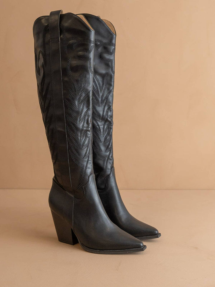 The Bronco Black | Knee High Cowboy Western Boot