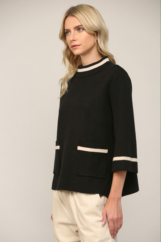 Contrast Lurex Yarn Mock Neck Sweater