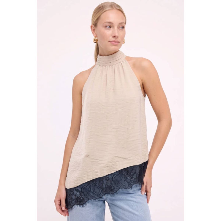 Asymmetrical Lace Trim Mock Neck Halter Top