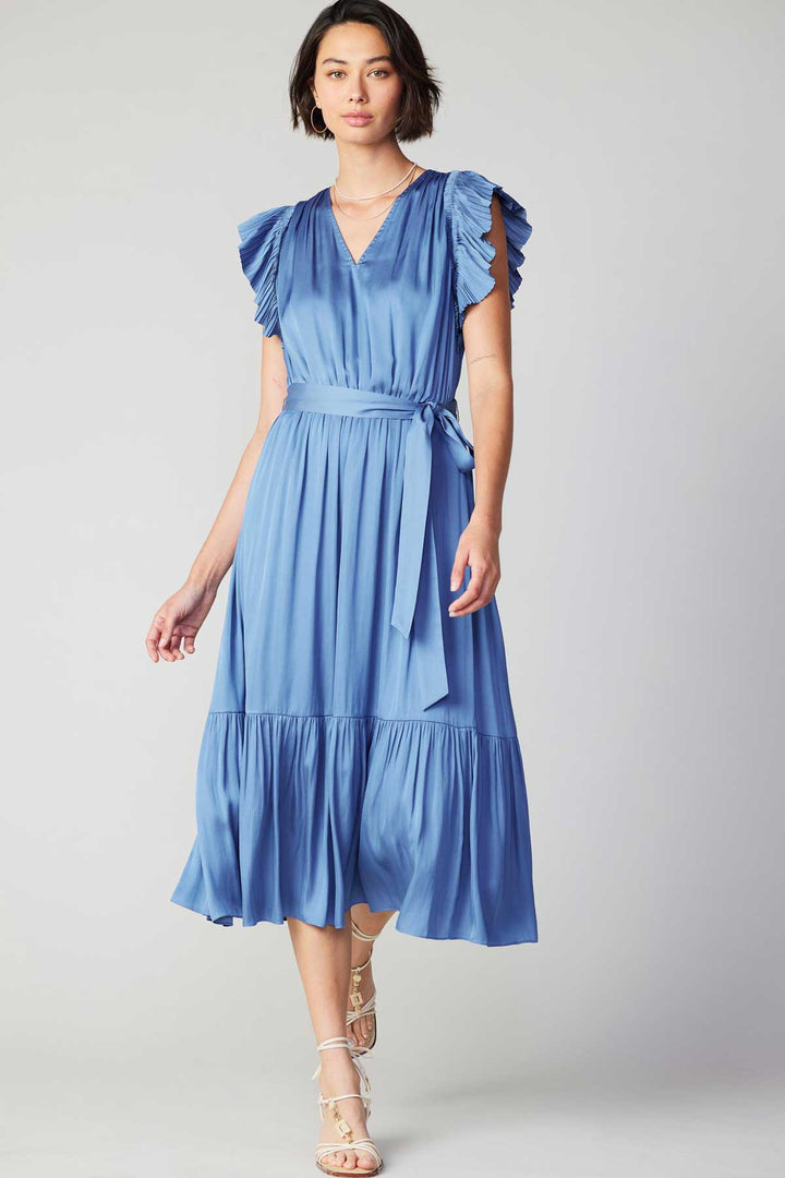 Fluttered Sleeve V-Neck Long Dress