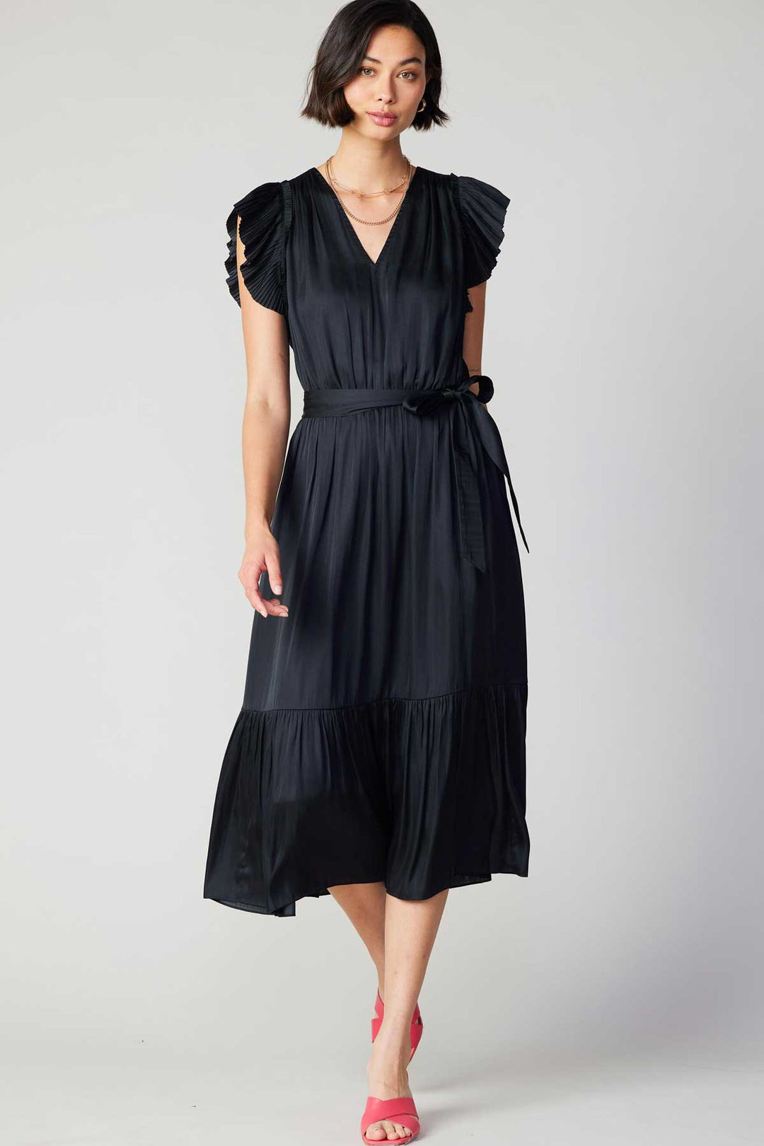 Fluttered Sleeve V-Neck Long Dress