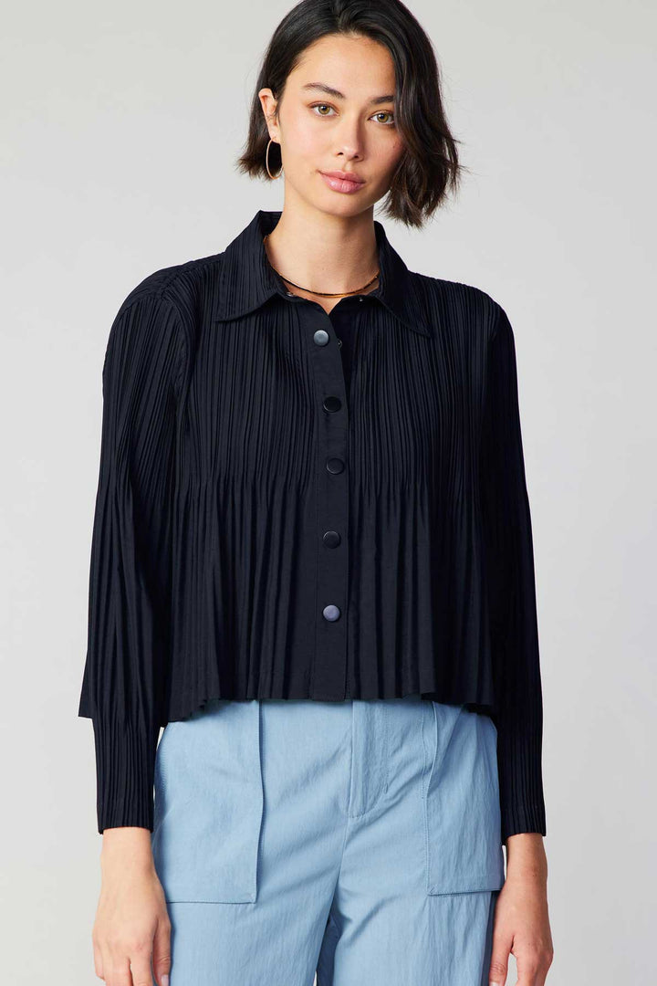 All-Over Pleated Button-Down Crop Jacket