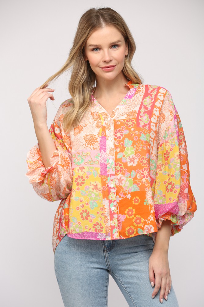 Floral Patchwork Print Bubble Sleeve Blouse