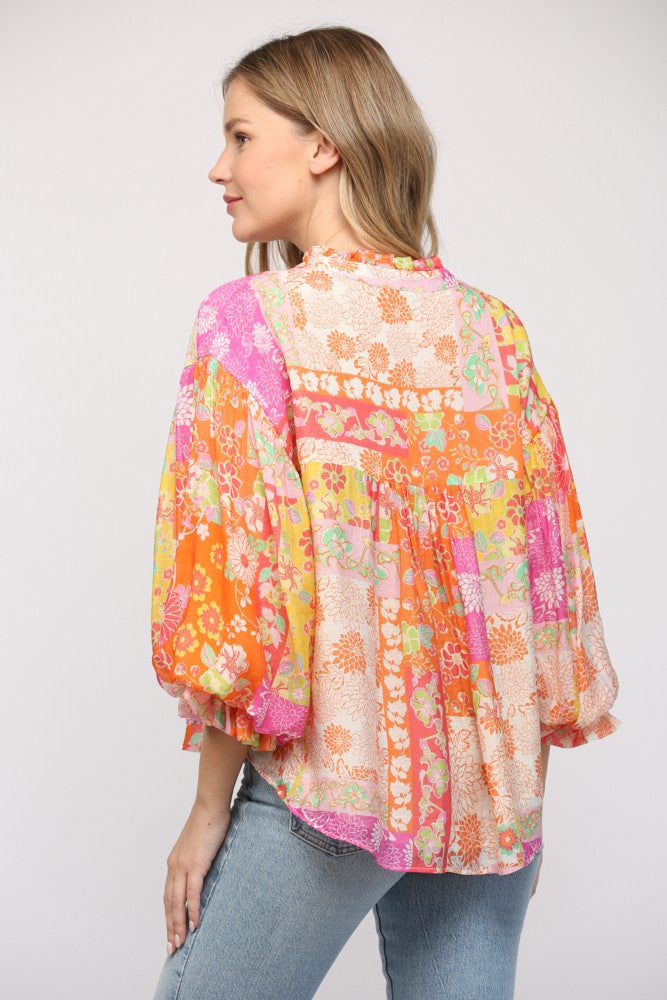 Floral Patchwork Print Bubble Sleeve Blouse