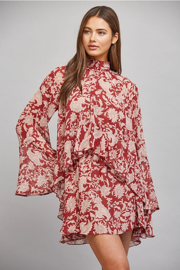 Floral Print High Neck Ruffle Bottom Dress