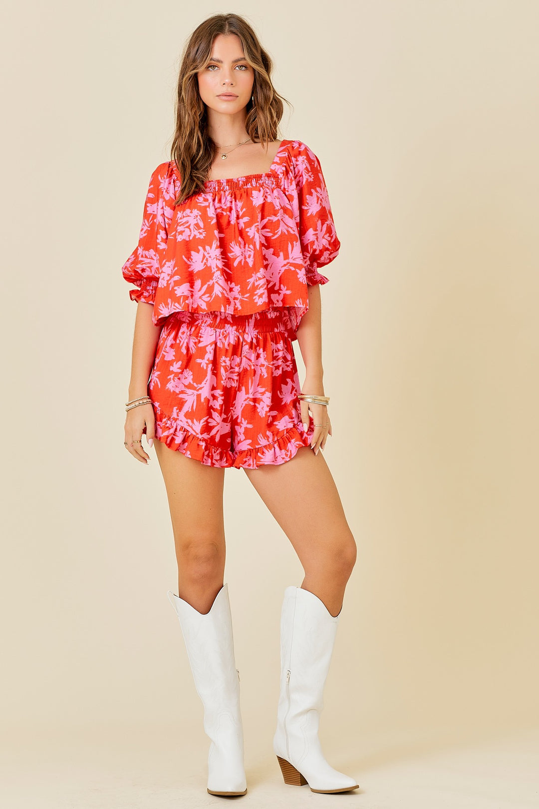 Floral Top with High Waisted Smocked Ruffle Shorts