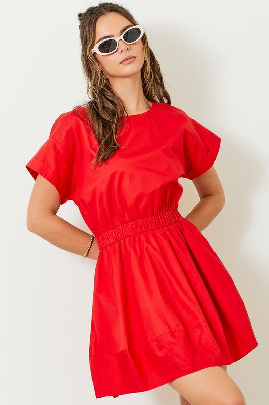 Short Sleeve Mini Dress With Elastic Waist Detail