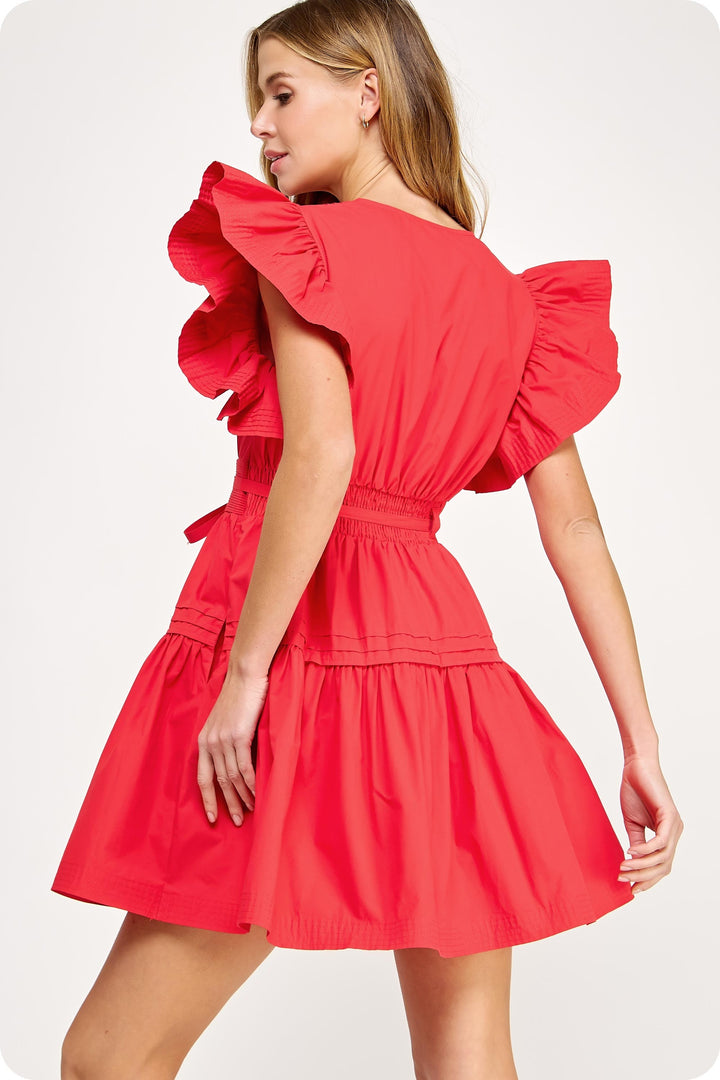 Flutter Sleeve Poplin Mini Red Dress