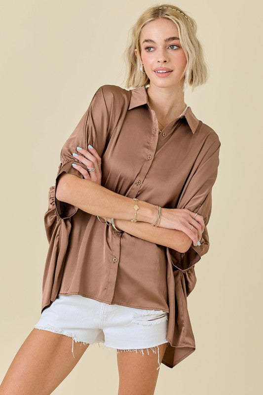 Satin Collared Neck Button Down Shirt Top