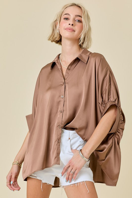 Satin Collared Neck Button Down Shirt Top