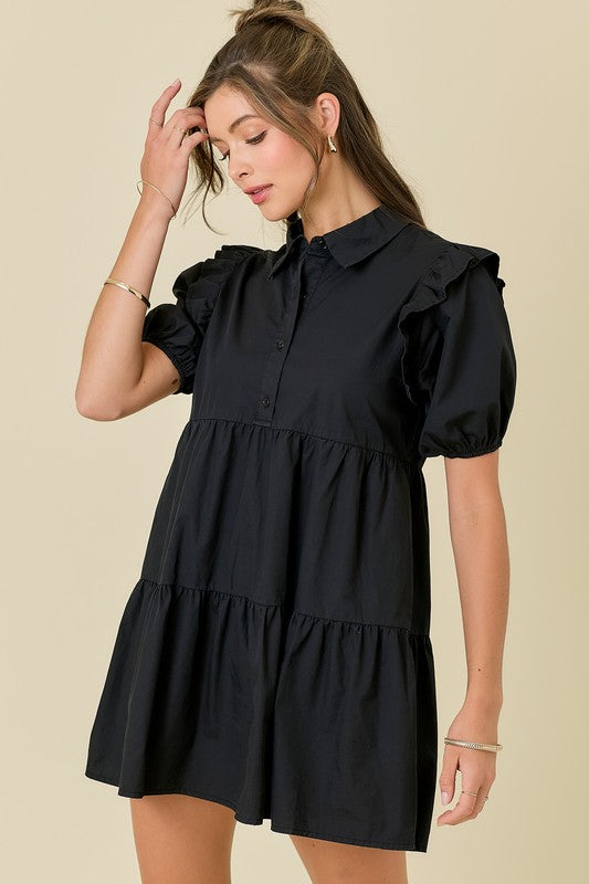 Button Down Puff Sleeves Mini Dress With Ruffles