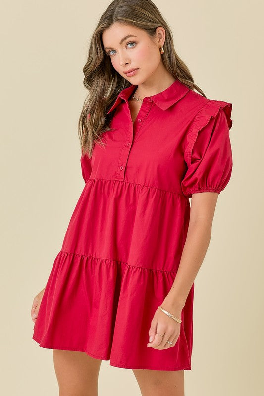 Button Down Puff Sleeves Mini Dress With Ruffles