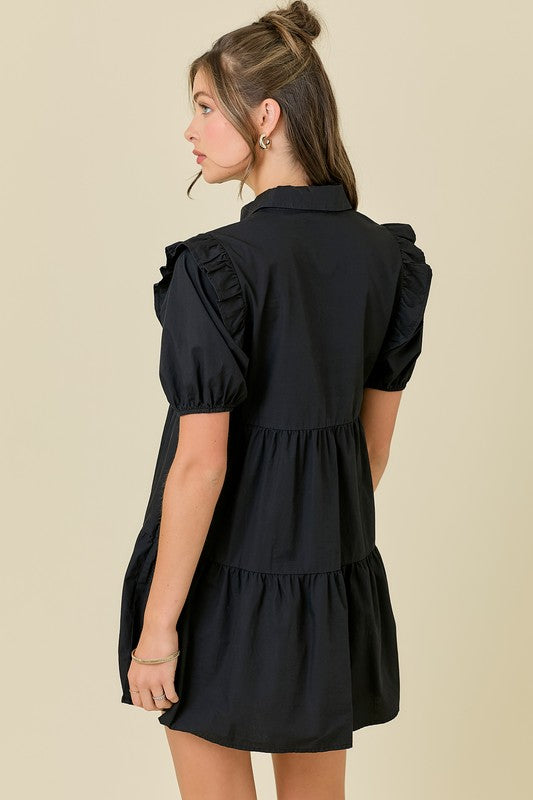 Button Down Puff Sleeves Mini Dress With Ruffles