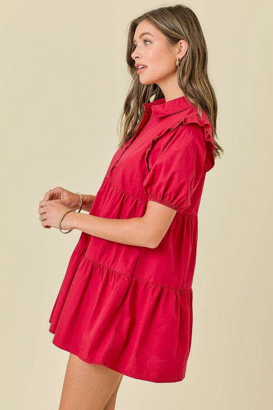 Button Down Puff Sleeves Mini Dress With Ruffles