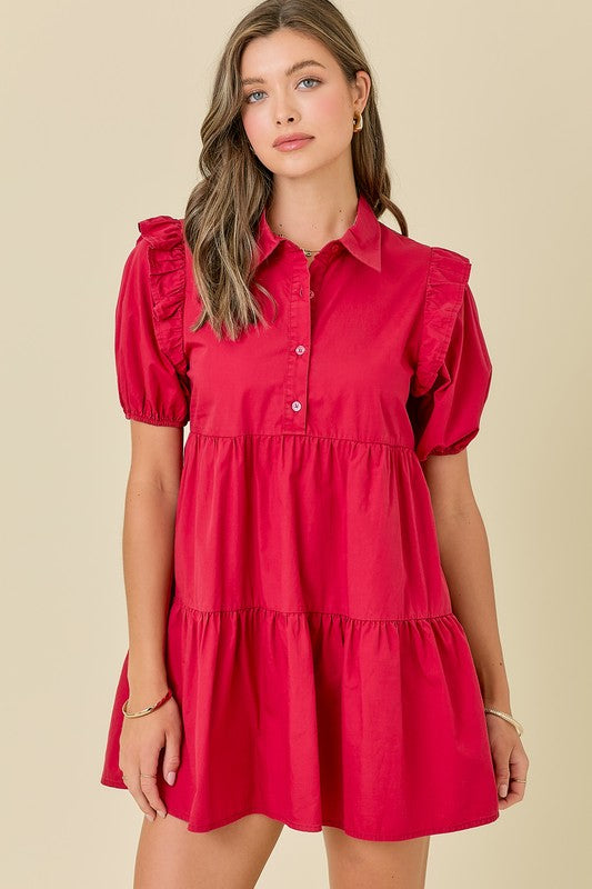 Button Down Puff Sleeves Mini Dress With Ruffles