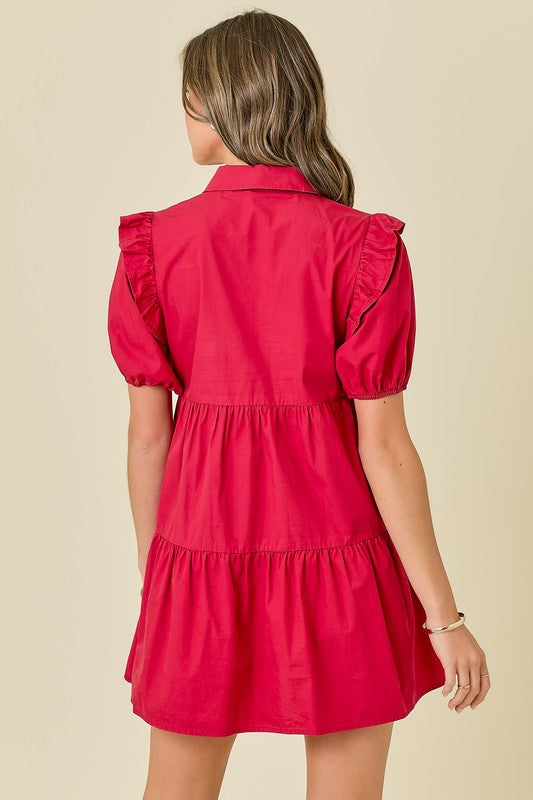 Button Down Puff Sleeves Mini Dress With Ruffles