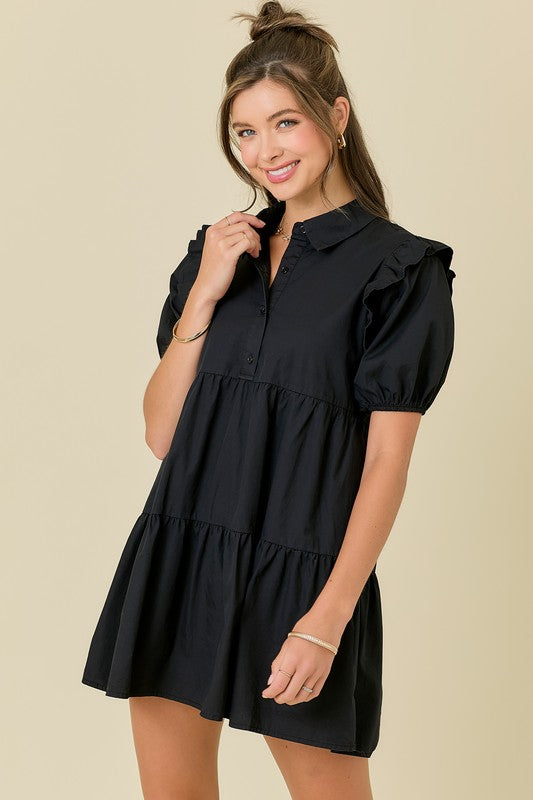 Button Down Puff Sleeves Mini Dress With Ruffles