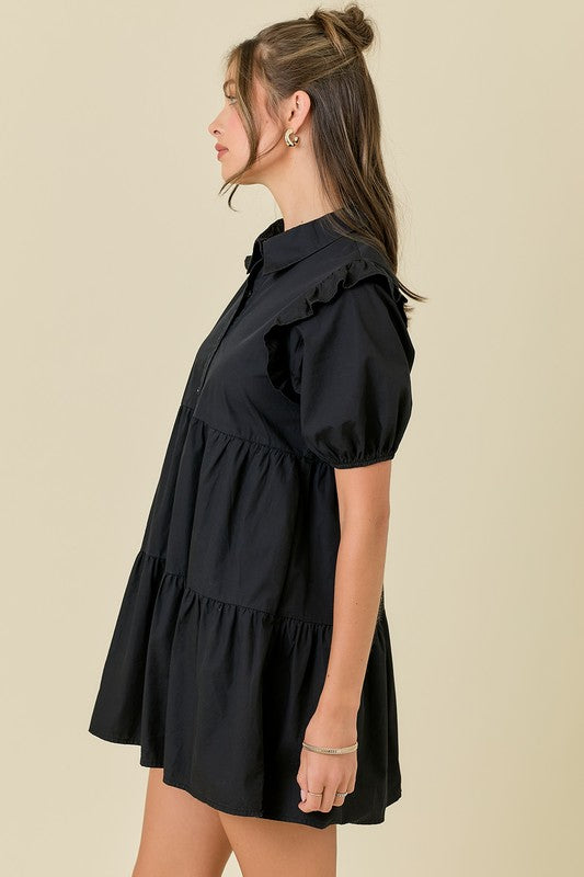 Button Down Puff Sleeves Mini Dress With Ruffles